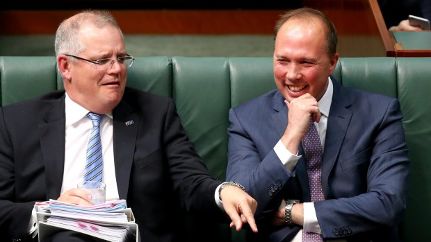 Scott Morrison and Peter Dutton in Question Time in 2016