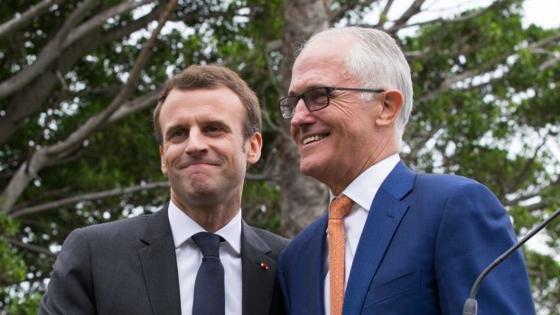 Malcolm Turnbull and Emmanuel Macron at the end of a press conference at Kirribilli House in 2018.