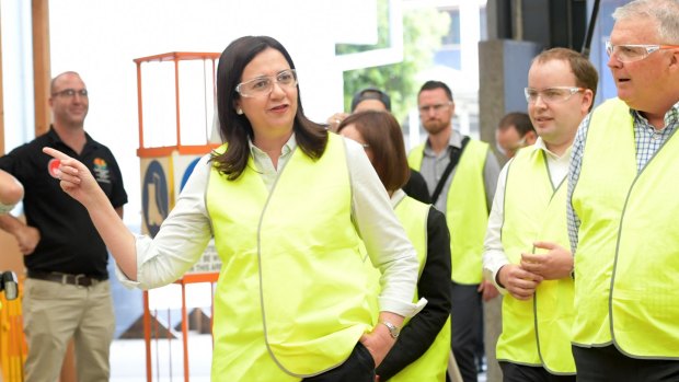Queensland Premier Annastacia Palaszczuk (centre) visits the TAFE Skill Centre at Acacia Ridge in 2017.