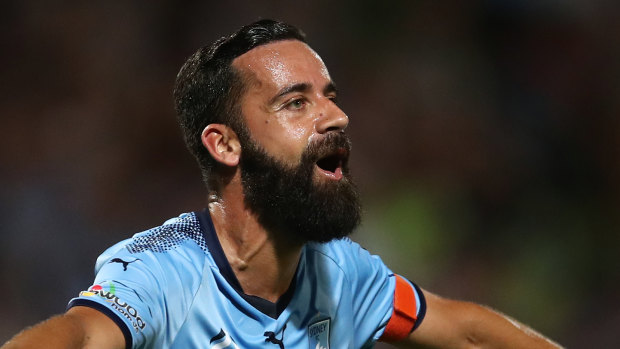 What a night: Sydney FC's Alex Brosque celebrates one of his three goals at Kogarah on Friday.
