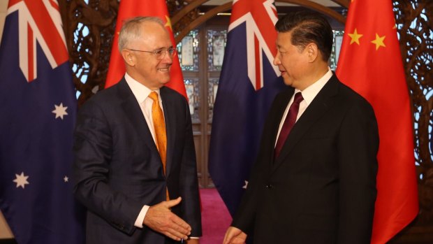 Then prime minister Malcolm Turnbull with Chinese President Xi Jinping at the Diaoyutai State Guesthouse in Beijing, April 2016.