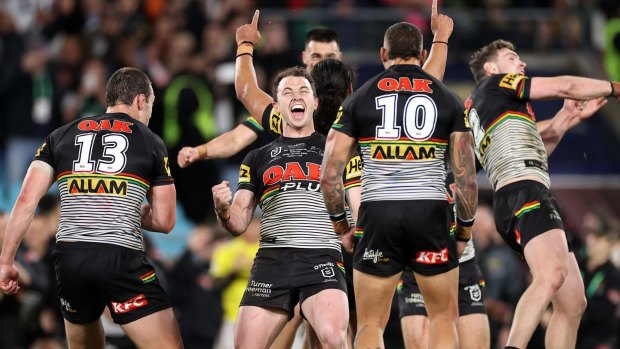 Dylan Edwards and the Panthers celebrate grand final glory in October.