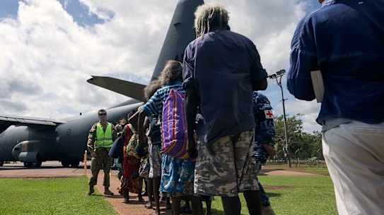 People being evacuated from Groote Eylandt and the McArthur River Mine airfield near Borroloola in the Northern Territory ahead of Cyclone Trevor last March.