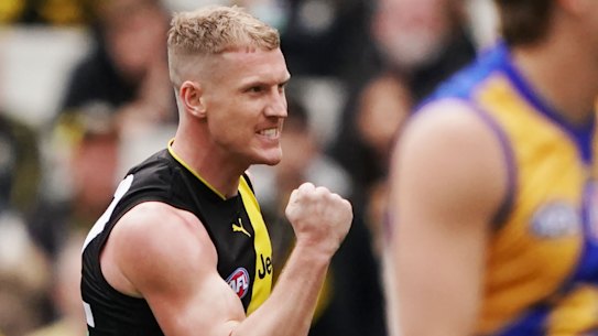 Josh Caddy celebrates a goal en route to Richmond's thrilling win.