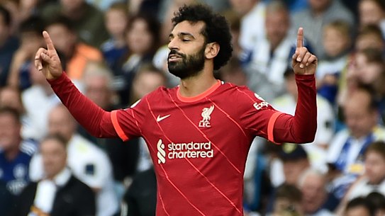 Liverpool’s Mohamed Salah celebrates scoring against Leeds at Elland Road.