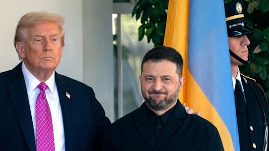 Volodymyr Zelensky with Donald Trump outside the White House.