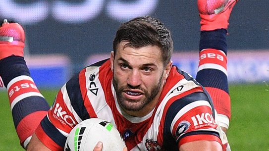 James Tedesco scores in the Roosters' rout of Canterbury on Monday night.