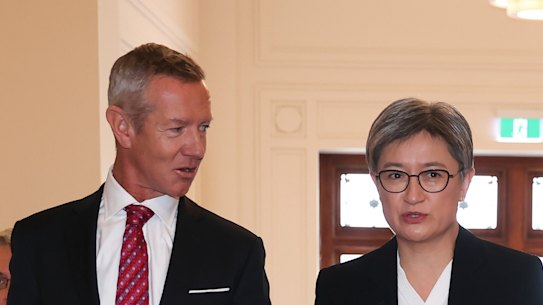 International editor Peter Hartcher and Senator Penny Wong at the launch of Hartcher’s book, Red Zone: China’s Challenge and Australia’s Future, at the Museum of Australian Democracy (Old Parliament House) on Wednesday.
