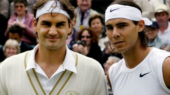 Federer and Nadal at Wimbledon in 2008.