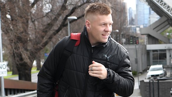 Jordan de Goey leaves Collingwood's headquarters at the Holden Centre in Melbourne on Saturday.