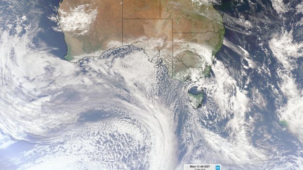 A satellite image showing a cold front crossing south-eastern Australia on Monday morning, with another front approaching Australia from the Southern Ocean. 