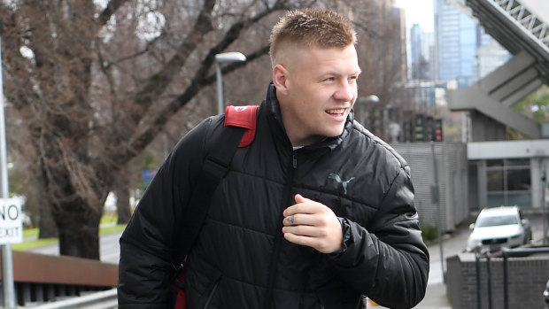 Jordan de Goey leaves Collingwood's headquarters at the Holden Centre in Melbourne on Saturday.