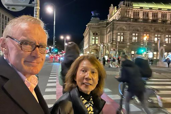 Bob Carr and Helena Carr near the Vienna Opera in Austria.