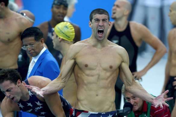 Michael Phelps after the men’s 4x100m freestyle final in Beijing in 2008. 