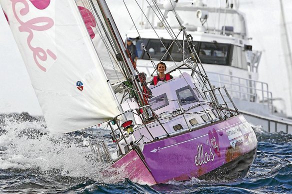 Jessica Watson coming through Sydney Heads about to cross the finish line after circumnavigation of the world in 2010.