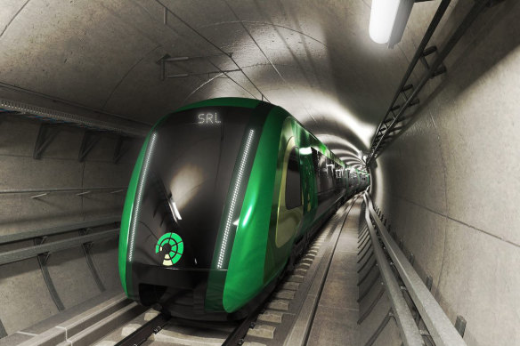 An artists impression of the driverless trains that will run on the Suburban Rail Loop. 