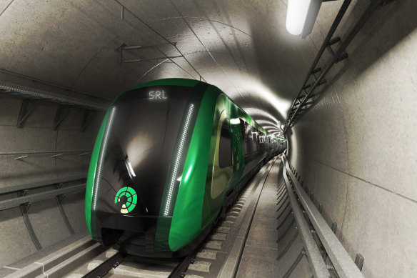 An artist’s impression of a driverless train running on the proposed Suburban Rail Loop. 