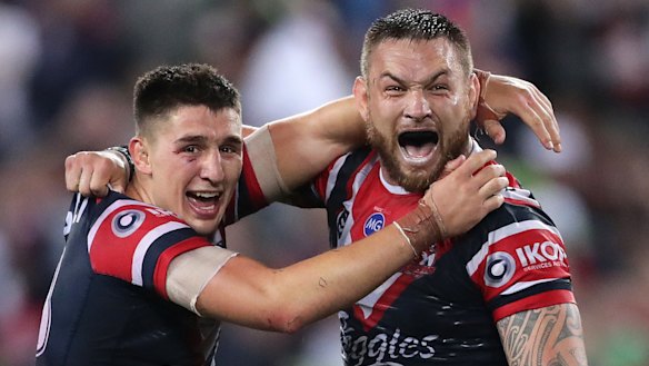 Let's get the party started: Victor Radley and Jared Waerea-Hargreaves react to the full-time whistle.