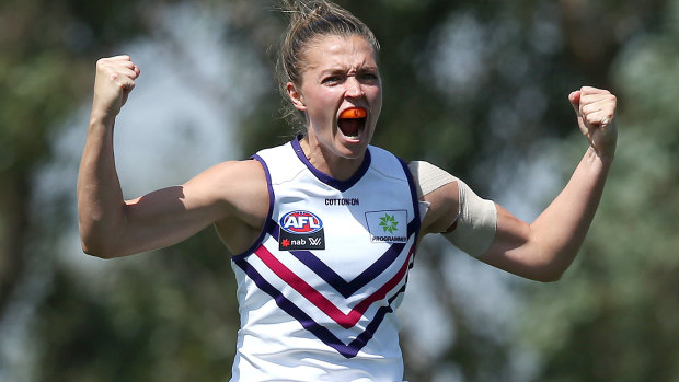 Ebony Antonio and her Dockers teammates had plenty to celebrate after toppling the Bulldogs on Sunday.