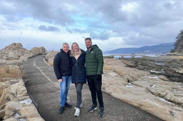 Hannah Webb, her father Peter Webb and her husband Daniel Small visit Wajima Pools in the days before the earthquake.