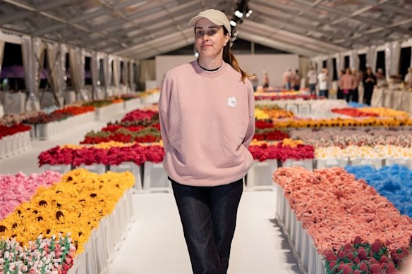 Cj Hendry amid the rows of her Flower Market installation in Sydney.