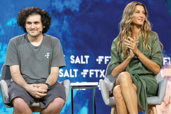   Sam Bankman-Fried next to supermodel Gisele Bundchen at the Crypto Bahamas conference in Nassau in April 2022.