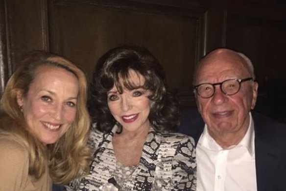 Instagram photo shows Joan Collins with Jerry Hall and Rupert Murdoch in April.
