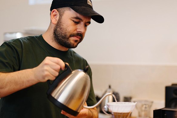 Co-owner and coffee enthusiast Nathan Nicotra at Caringbah cafe Mansfield Coffee.