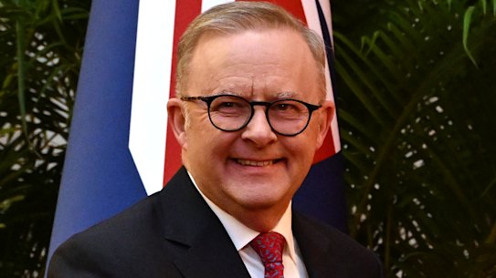 Anthony Albanese greets China’s Chairman of the National People’s Congress Zhao Leji at the Great Hall.