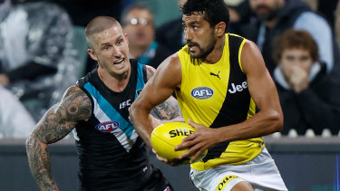 Richmond's Marlion Pickett and Port Adelaide's Hamish Hartlett in the first preliminary final.