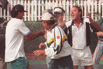 The Australian team celebrates the Davis Cup win against the Czech Republic.