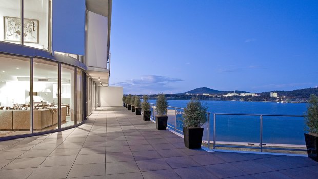 The terrace with lake views at Malcolm Turnbull's now sold Kingston penthouse apartment.