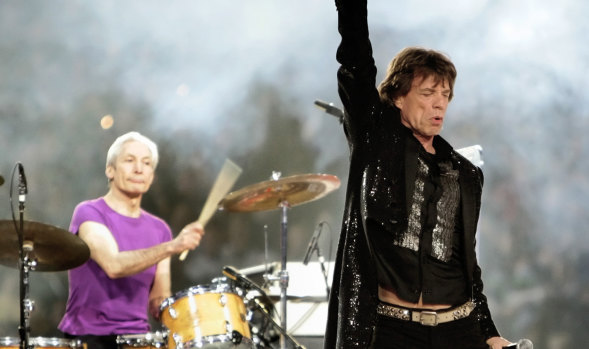 Charlie Watts and Mick Jagger perform at the Super Bowl in the US in 2006.