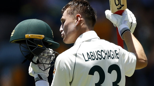 Finally: Marnus Labuschagne celebrates his maiden Test century.