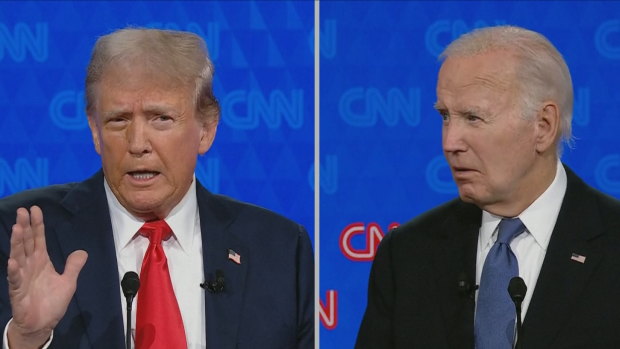 Donald Trump and Joe Biden locked in a broadcast debate.