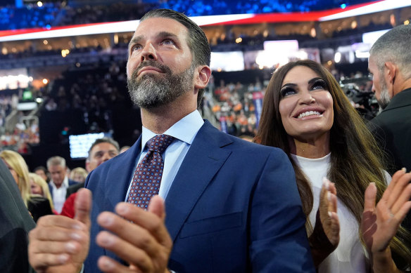 Do<em></em>nald Trump Jr and his fiancee, Kimberly Guilfoyle, at the 2024 Republican Natio<em></em>nal Convention.