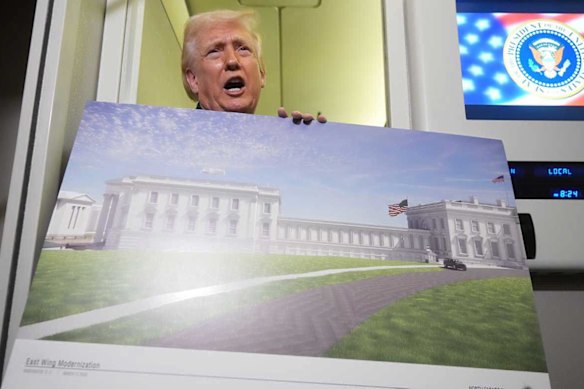Donald Trump shows off plans for his new White House ballroom while on Air Force One.