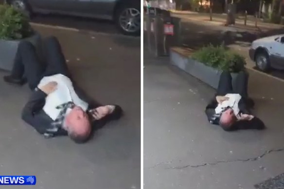 An image from video footage of Barnaby Joyce on the footpath in the Canberra suburb of Braddon on Wednesday night.