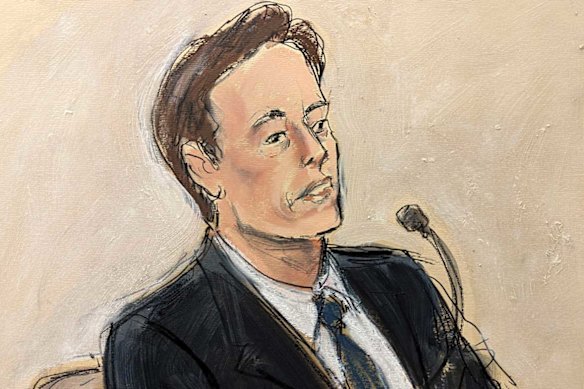 In this courtroom sketch Tesla CEO Elon Musk testifies in a courtroom in Wilmington, Delaware.