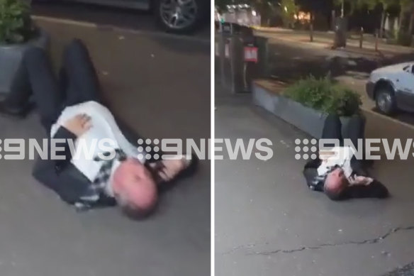 Stills from the video of Barnaby Joyce lying on a Canberra city street.