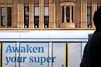 A superannuation ad on a tram in Sydney.