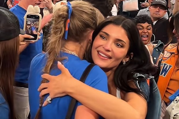Taylor Swift and Kylie Jenner hug following the Knicks win against the San Antonio Spurs during game four of the NBA playoffs