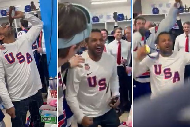 Kash Patel celebrating with America's ice hockey team at the Olympics.