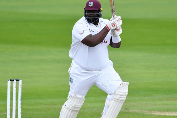 Rahkeem Cornwall of West Indies batting against England at Old Trafford in 2020.