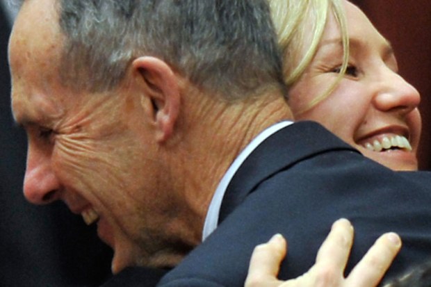 Bob Brown hugs Larissa Waters after her maiden speech in 2011. (AAP)