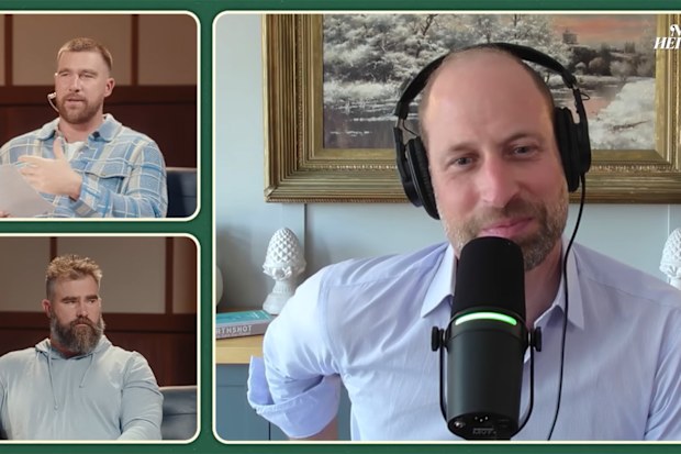 Prince William with Jason and Travis Kelce during an episode of their podcast New Heights