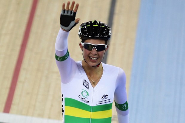Melissa Hoskins salutes at the 2012 UCI Track Cycling World Cup.