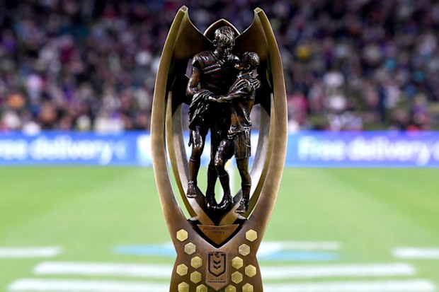  The NRL Premiership Trophy is seen on display before the NRL Qualifying Final between the Melbourne Storm and the Manly Warringah Sea Eagles at Sunshine Coast Stadium on September 10, 2021, in Sunshine Coast, Australia. (Photo by Bradley Kanaris/Getty Images)
