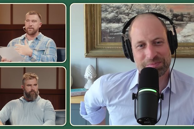 Prince William with Jason and Travis Kelce during an episode of their podcast New Heights