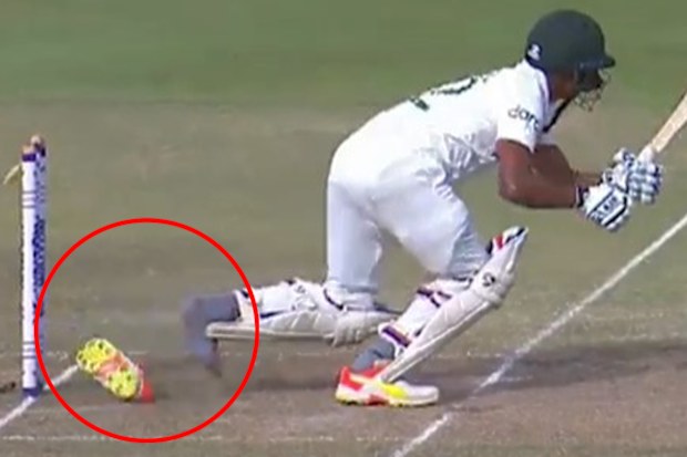 Bangladesh tail-ender Taijul Islam’s left shoe bobbles onto the stumps, dismissing him hit wicket.